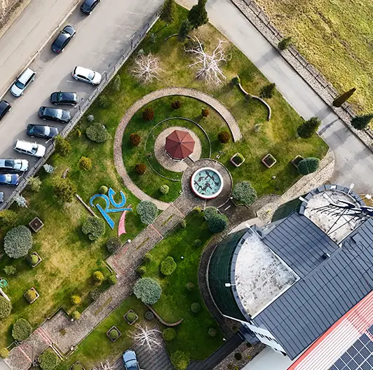 Aerial shot of Royal Beverage facility and landscaped grounds